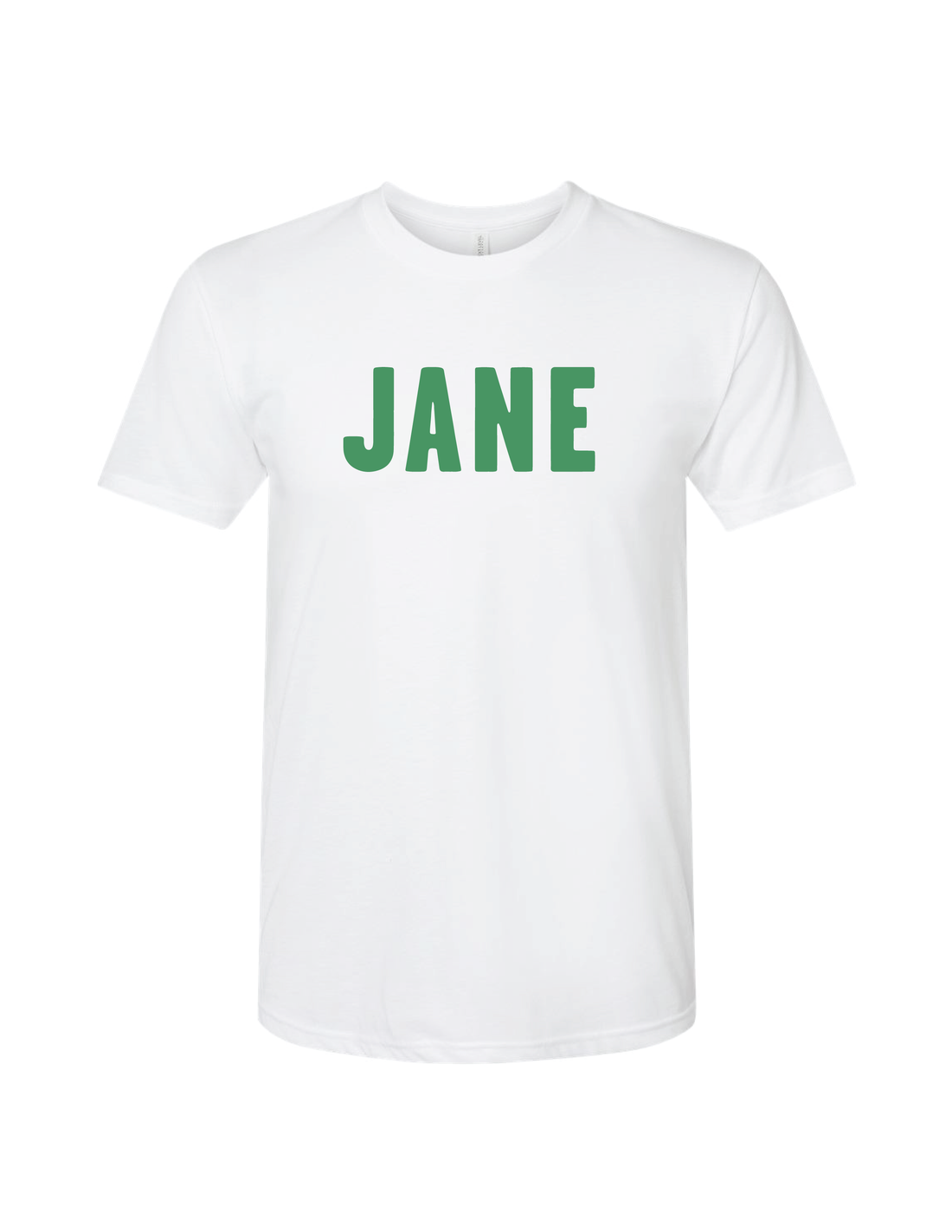 Unisex JANE Crew Neck T-Shirt in White with Green Letters