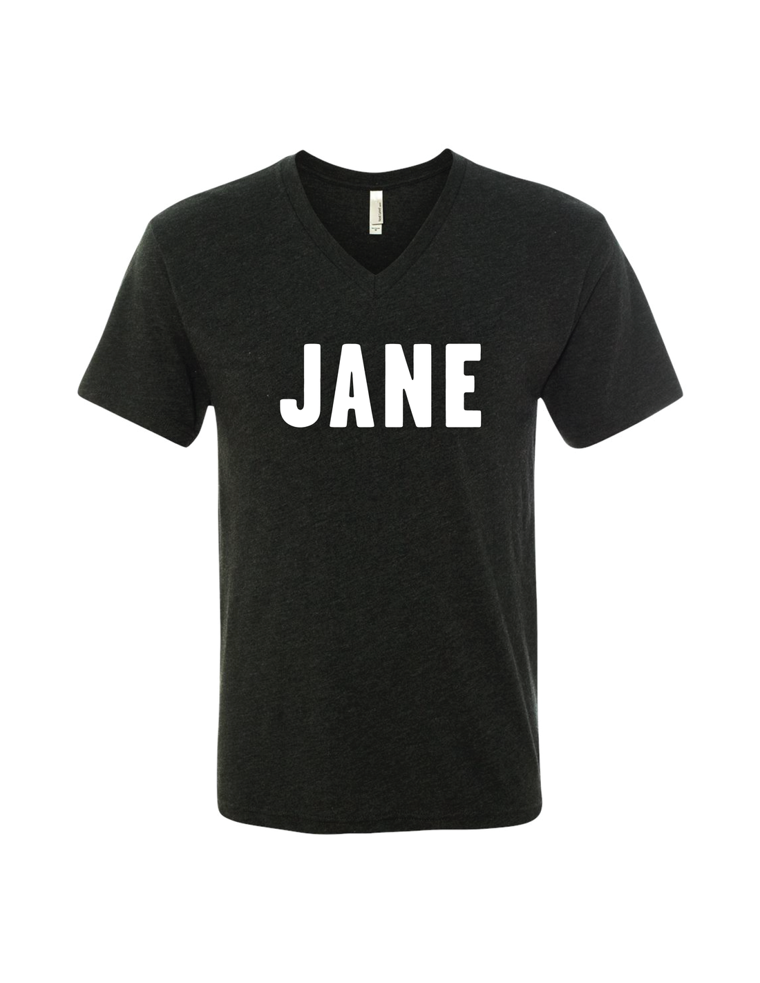 Unisex JANE V-Neck T-Shirt in Black with White Letters